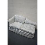 A PALE BLUE UPHOLSTERED CHAISE LONGUE, length 156cm (condition:-stain to armrest)
