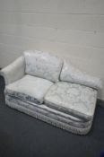 A PALE BLUE UPHOLSTERED CHAISE LONGUE, length 156cm (condition:-stain to armrest)