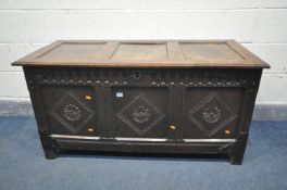 A GEORGIAN OAK COFFER, width 128cm x depth 58cm x height 64cm (condition:-later iron banding to each