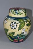 A MOORCROFT FRUIT GARDEN GINGER JAR WITH SIMEON PATTERN LID, featuring tubelined flowers,