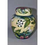 A MOORCROFT FRUIT GARDEN GINGER JAR WITH SIMEON PATTERN LID, featuring tubelined flowers,