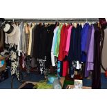 A COLLECTION OF QUALITY LADIES DRESSES, TOPS, PENCIL SKIRTS AND JACKETS SIZE 8, SHOES SIZE 2-3, HATS