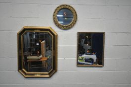 A FRENCH STYLE GILT FRAMED BEVELLED EDGE WALL MIRROR, 86cm x 66cm, and three other wall mirrors (4)