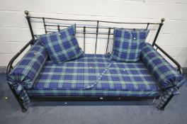 AN ALUMINIUM FRAMED DAY BED, with blue tartan upholstery, length 198cm x depth 79cm x height
