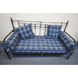 AN ALUMINIUM FRAMED DAY BED, with blue tartan upholstery, length 198cm x depth 79cm x height