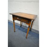 A REPRODUCTION OAK SIDE TABLE, with a single drawer, on cylindrical tapered legs and padded feet,