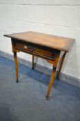 A REPRODUCTION OAK SIDE TABLE, with a single drawer, on cylindrical tapered legs and padded feet,