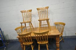 A LARGE RECTANGULAR PINE KITCHEN TABLE, on block and turned legs, length 152cm x depth 91cm x height