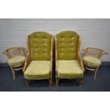 A PAIR OF WICKER ARMCHAIRS, with yellow velvet cushions, along with a pair of wicker tub chairs (4)