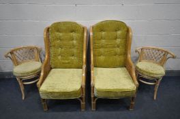 A PAIR OF WICKER ARMCHAIRS, with yellow velvet cushions, along with a pair of wicker tub chairs (4)