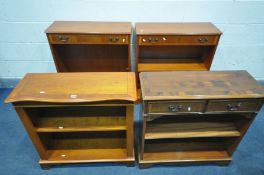 A PAIR OF YEWWOOD OPEN BOOKCASES, with a single drawer (missing three shelf pins) and two other open