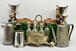 A BOX OF ASSORTED WHITE METAL WARE, to include a white metal teapot and matching coffee pot, a white