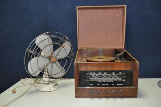 A VINTAGE COLUMBIA RADIOGRAM MODEL C.403 with turntable along with a vintage desk fan (both PAT fail