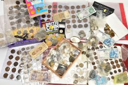A LARGE CARDBOARD BOX OF MIXED WORLD COINAGE, to include a small parcel of mixed silver coinage 1875
