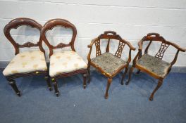 A PAIR OF EDWARDIAN MAHOGANY AND INLAID SPLAT BACK CORNER CHAIRS, on cabriole legs, and a pair of