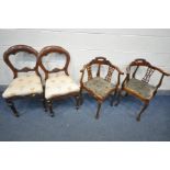 A PAIR OF EDWARDIAN MAHOGANY AND INLAID SPLAT BACK CORNER CHAIRS, on cabriole legs, and a pair of