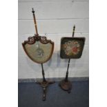 A VICTORIAN WALNUT POLE SCREEN, with a silk needlework shield panel, on a turned support and