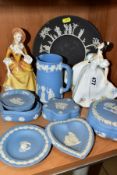 TWO ROYAL DOULTON LADIES AND EIGHT PIECES OF WEDGWOOD JASPERWARE, the ladies comprising 'Kate'