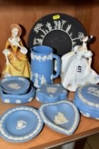TWO ROYAL DOULTON LADIES AND EIGHT PIECES OF WEDGWOOD JASPERWARE, the ladies comprising 'Kate'