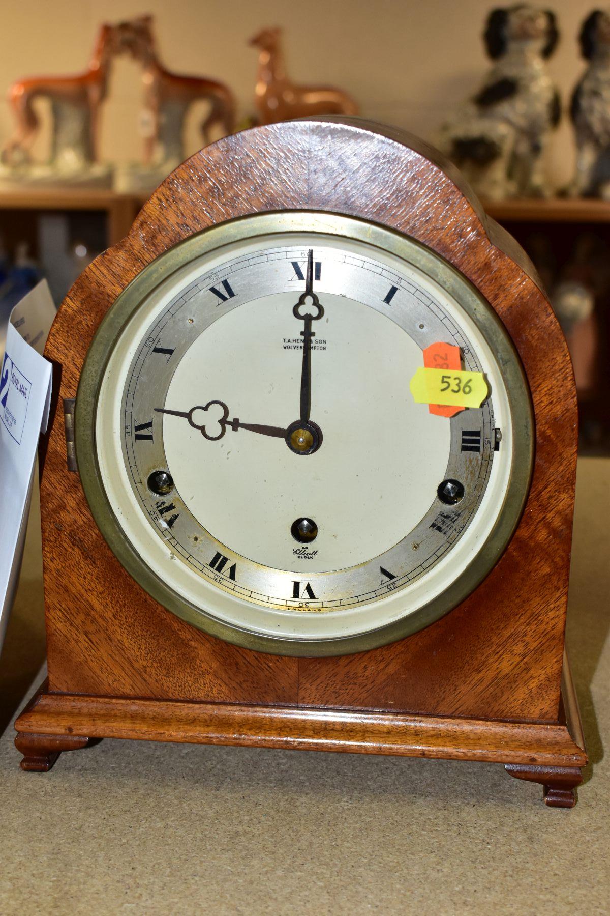 A MID 20TH CENTURY WALNUT ARCH CASED ELLIOT MANTEL CLOCK, silvered chapter ring with Roman numerals, - Image 3 of 8