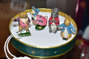 A SET OF TIMPO CAST LEAD PETER RABBIT FIGURES, Peter Rabbit, Jemima Puddleduck, Timmy Tiptoes and