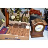 TWO BOXES AND LOOSE METALWARES, TREEN, BOOKS, CLOCK ETC, to include an eleven volume set of The