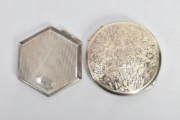 TWO MID 20TH CENTURY SILVER COMPACTS, the first of hexagonal design, hinged fitting, engine turned