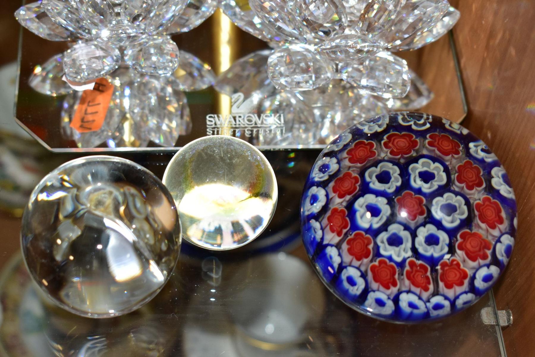 THREE SWAROVSKI CRYSTAL CANDLEHOLDERS AND THREE GLASS PAPERWEIGHTS, comprising three Swarovski Water - Bild 2 aus 5