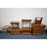 A SELECTION OF YEWWOOD OCCASIONAL FURNITURE, to include a nest of three tables, hall table, drum