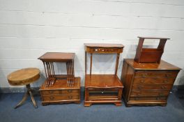 A SELECTION OF YEWWOOD OCCASIONAL FURNITURE, to include a nest of three tables, hall table, drum