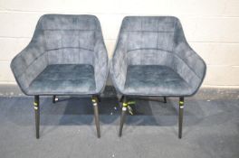 A PAIR OF BLUE UPHOLSTERED TUB CHAIRS