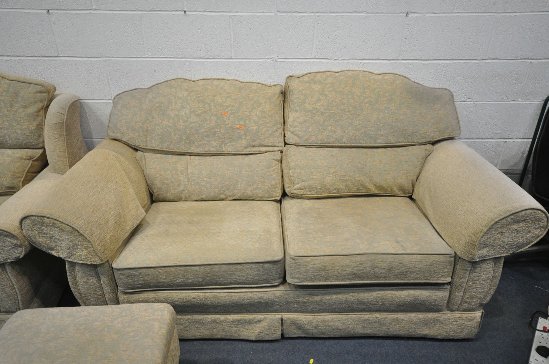 A BEIGE UPHOLSTERED LOUNGE SUITE, comprising a two seater sofa, length 198cm, a pair of armchairs, - Image 2 of 3