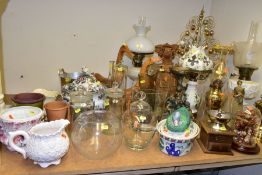 A QUANTITY OF OIL LAMPS, PLANTERS, WOODEN DUCKS, ETC, to include a late Victorian white opaque press