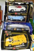 FIVE BOXED ASSORTED MODERN DIECAST EUROPEAN CAR MODELS, all 1:18 scale, Bburago 1957 Mercedes Benz