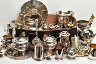 A BOX OF ASSORTED WHITE METAL ITEMS, to include a four piece 'Garrard & Co' tea set, a 'Mappin &