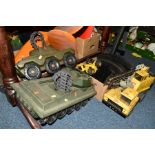 A COLLECTION OF CHILDREN'S TOYS INCLUDING A TONKA TOY CRANE, ACTION MAN TANK AND JEEP, a