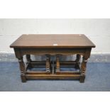 A SMALL SOLID OAK COFFEE/NEST OF THREE TABLES, length 72cm x depth 35cm x height 45cm