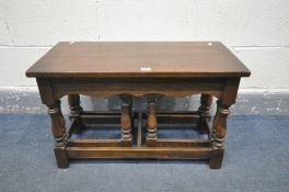 A SMALL SOLID OAK COFFEE/NEST OF THREE TABLES, length 72cm x depth 35cm x height 45cm