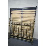A GOOD QUALITY BRASS 5FT VICTORIAN STYLE BEDSTEAD, with slats and two slatted bed bases (