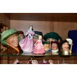 TWO ROYAL DOULTON LADIES AND EIGHT ROYAL DOULTON CHARATER JUGS IN VARIOUS SIZES, comprising '