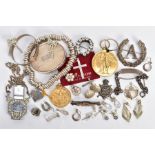 A SELECTION OF JEWELLERY AND ITEMS, to include an oval silver trinket box with an engine turned