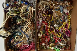 TWO BOXES OF COSTUME JEWELLERY, mostly plastic beaded necklaces, imitation pearl necklaces,