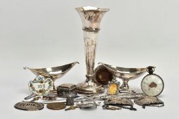 A BOX OF ASSORTED SILVER AND WHITE METAL ITEMS, to include a set of silver salts, hallmarked 'Thomas
