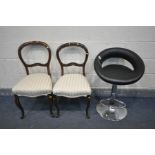 A PAIR OF VICTORIAN ROSEWOOD DINING CHAIRS (some repairs to back) along with a black leatherette