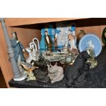 A GROUP OF CERAMICS, ORNAMENTS AND COLLECTORS DOLLS, to include a Lladro Lamplighter figurine, no