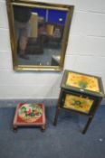 A FLORALLY PAINTED SINGLE DOOR POT CUPBOARD, along with a gilt framed wall mirror and a needlework