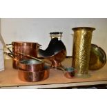 A SMALL GROUP OF LARGE BRASS AND COPPER ITEMS, seven pieces, comprising two copper saucepans one