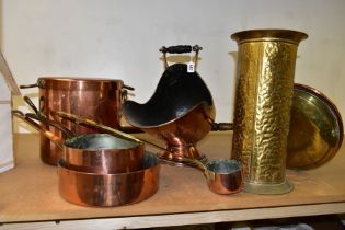 A SMALL GROUP OF LARGE BRASS AND COPPER ITEMS, seven pieces, comprising two copper saucepans one