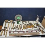 A BOX OF HAND TOOLS to include selection of chisels, snips, wood hammers, copper hammers, cutting