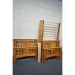 TWO PINE SINGLE BEDSTEADS, both with side rails and metal frame with slats (one bed base with broken